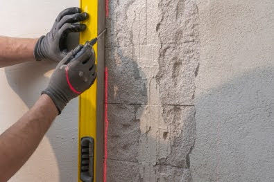 A man uses a water level and laser level to ensure an accurate reading on a gasbeton wall with old concrete plaster.