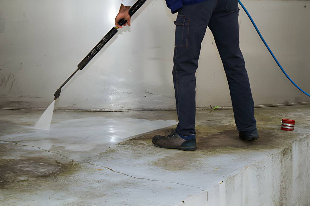 electrician and general worker washing the industrial site concrete