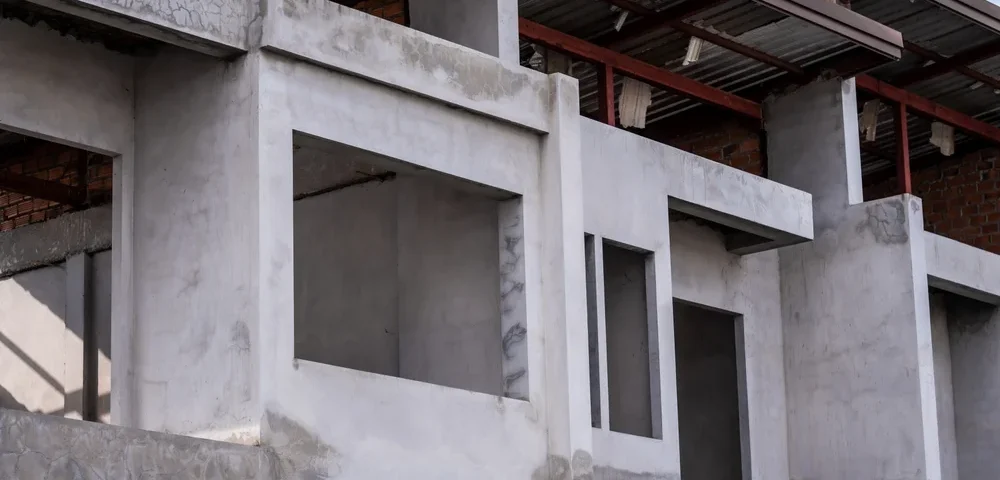 unfinished building with exposed concrete structures, open window frames, and partial roofing, indicating ongoing construction work.
