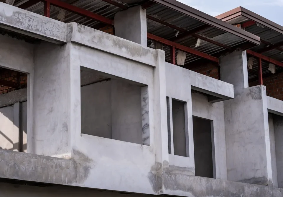 unfinished building with exposed concrete structures, open window frames, and partial roofing, indicating ongoing construction work.
