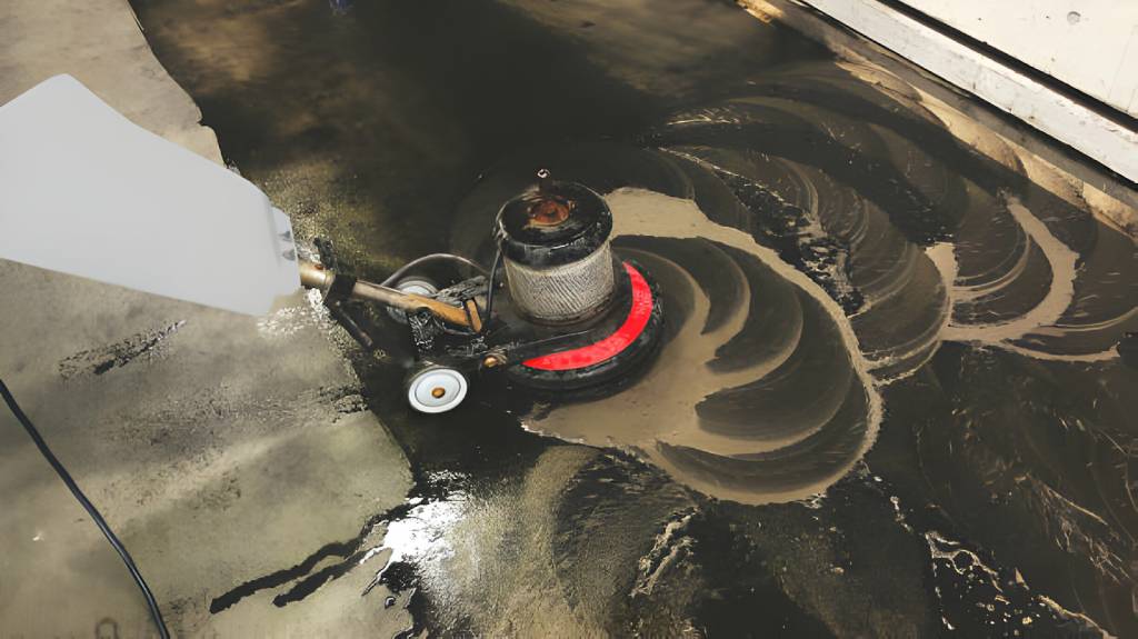 Oil-stained floor. A professional man cleans the garbage room floor, with a professional scrubber.